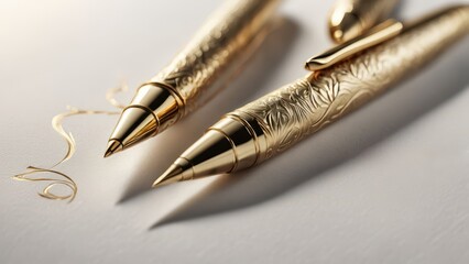 Luxury gold pens with ornate details on a white background, showcasing elegance and craftsmanship