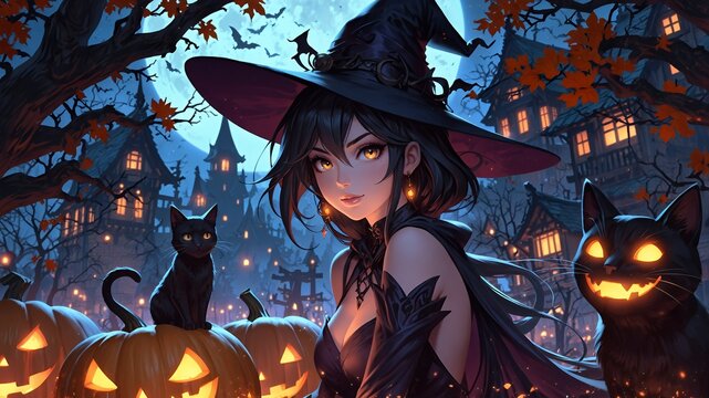 Mystical Halloween Witch with Black Cat and Jack-o'-Lanterns｜神秘的なハロウィンの魔女と黒猫、ジャック・オ・ランタンたち