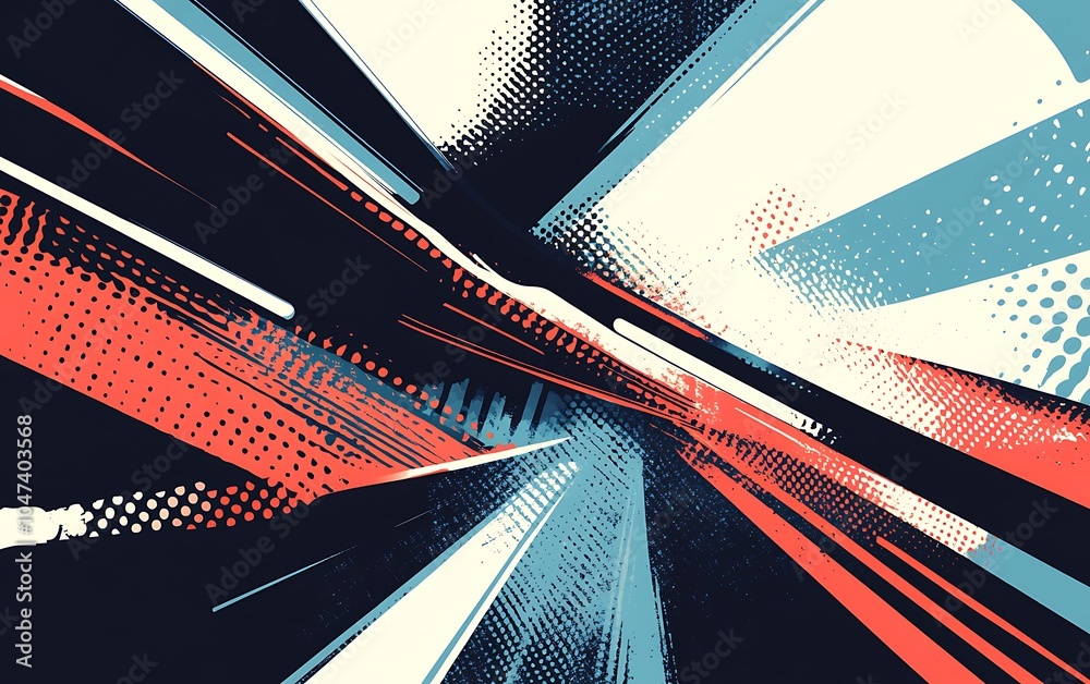Poster Abstract background with diagonal lines, dots and halftone pattern in blue, red, black and white colors.