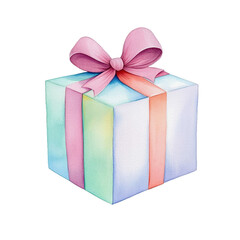 Obraz premium Watercolor ribbon wrapped Easter gift box with pastel wrapping and a decorative bow isolated on a transparent background 