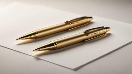 Two golden pens lying on white paper, office supplies, writing instruments