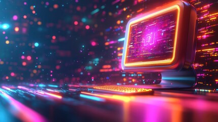 A futuristic computer setup with vibrant digital elements and glowing effects.