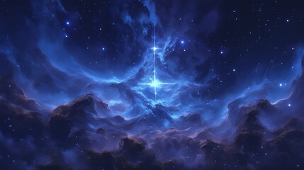 Obraz premium Mystical Star in the Heart of a Blue Cosmic Nebula - made with Generative AI