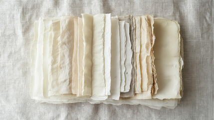 Layered deckle-edged papers in varying sizes fanned out on a light linen surface, highlighting unique irregular edges and soft shadows, creating an organic, refined look in soft whites, creams