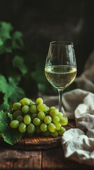 Glass of white wine with green grapes on rustic wooden table