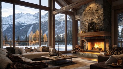 Cozy Mountain Cabin Living Room with Fireplace and Stunning View