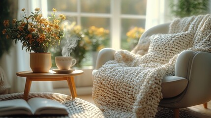 Cozy Living Room Corner with Armchair Blanket Open Book and Herbal Tea