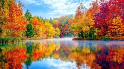 Fototapeta premium Tranquil Autumn Scene by the Lake with Reflections