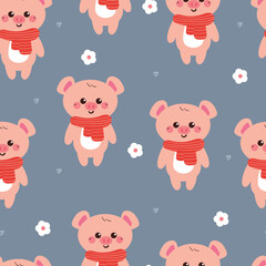 seamless pattern cartoon pig with red scarf. cute winter wallpaper for fabric print, gift wrap paper