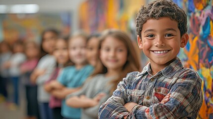 Obraz premium Happy Boy Smiling in a Line of Kids in a School Hallway