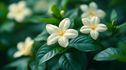 Obraz premium Close-up of white flowers with yellow centers blooming in a lush green foliage.