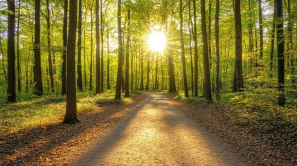 Fototapeta premium Sunlit Path Through a Tranquil Forest