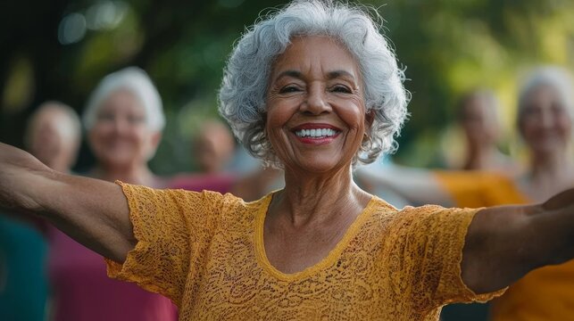 Happy Senior Woman Stretching Outdoors in Group Class
