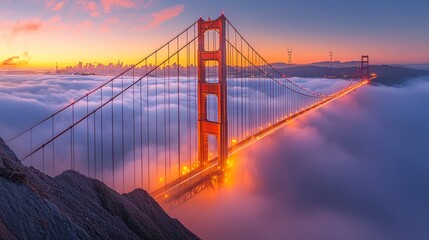 Obraz premium Golden Gate Bridge Fog Sunset San Francisco Cityscape