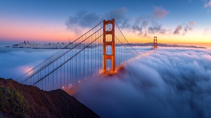 Fototapeta premium Golden Gate Bridge Above the Clouds at Sunset San Francisco Skyline