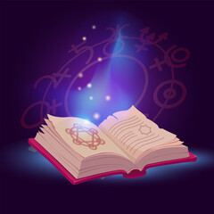 Open magic spell book in bright magical glow. Vector Illustration

