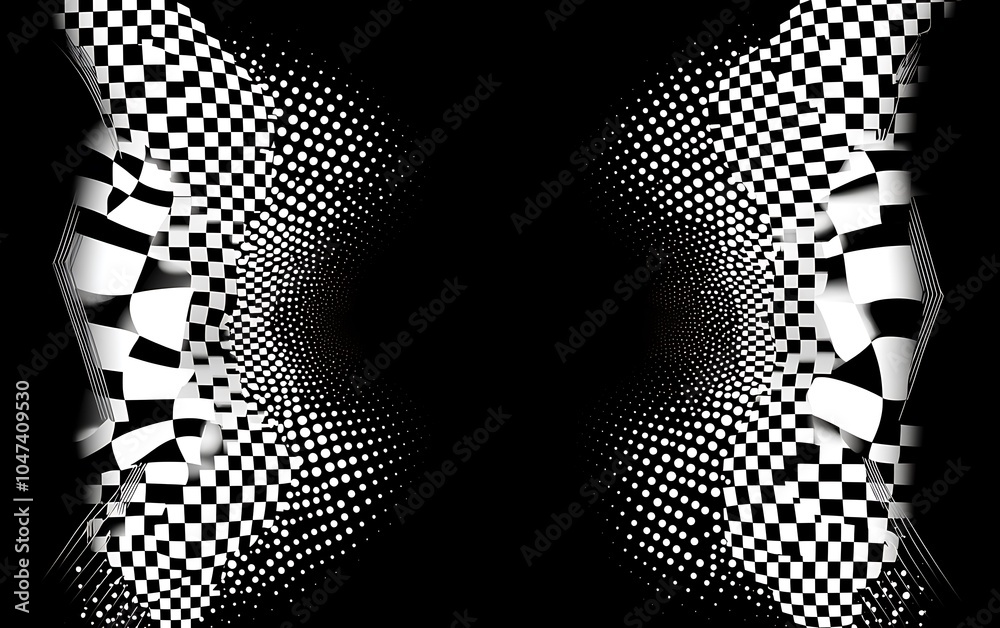 Poster Abstract black and white checkered pattern with a 3D effect that creates a tunnel-like shape in the middle.