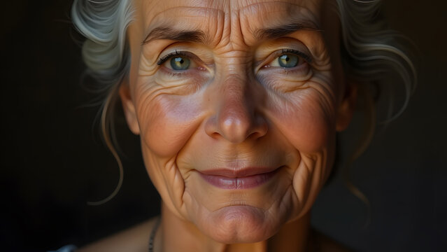 senior lady close up portrait, looking into the camera, generative ai