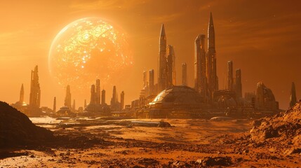 Naklejka premium Futuristic Cityscape on Mars with Giant Sun Sci Fi Illustration
