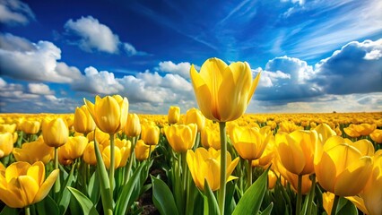 Fototapeta premium Yellow tulip fields and blue sky with clouds Macro