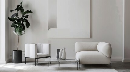 An elegant and modern living room design featuring a white canvas backdrop, Carefully selected minimal furniture, Minimalist Art Deco style