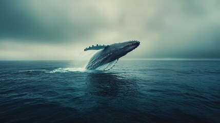Fototapeta premium Humpback Whale Breaching in the Ocean with Cloudy Sky