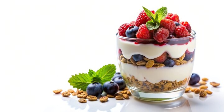 Yogurt parfait with granola and berries on white background