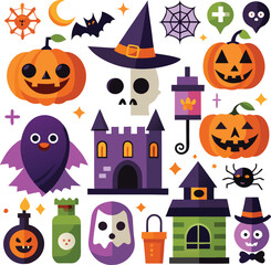 Fototapeta premium Spooky Halloween Icons Set JackoLanterns, Witches, Ghosts