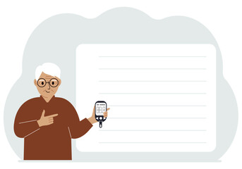 Man holds a glucometer in his hand. The concept of blood sugar control, diabetic. Vector flat illustration
