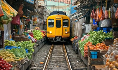 Train passing through a vibrant fruit market.