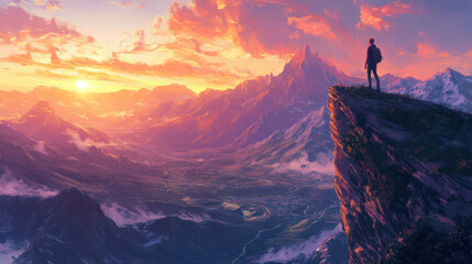 Fototapeta premium Adventurer standing on mountain peak during sunset