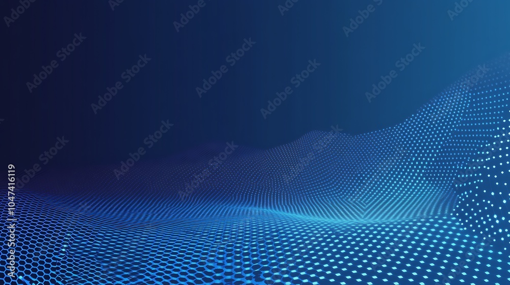 Poster abstract blue digital wave background with glowing particles.