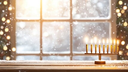 Menorah Lit Beside Snowy Window at Christmas Time