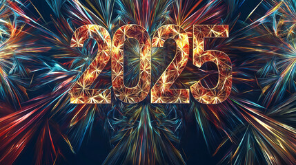 Dynamische Neujahrskarte 2025 mit kunstvollen Fraktalmustern in der Jahreszahl. Lebendige Farbstrukturen durchziehen die Ziffern. Moderne abstrakte Gestaltung