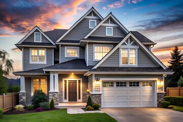 The captivating gray house features a garage, an inviting porch, and impressive curb appeal under a beautiful sunset.
