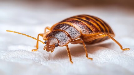 Naklejka premium Bed bug crawling on white fabric surface