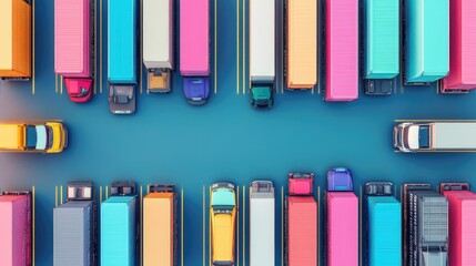 Fototapeta premium Cargo transport in import-export logistics flat design top view navigation theme 3D render colored pastel 