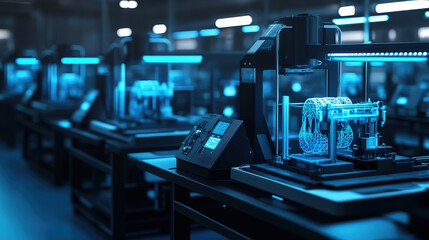 Naklejka premium A row of cutting-edge 3D printers producing intricate designs in a high-tech industrial factory-2.jpg