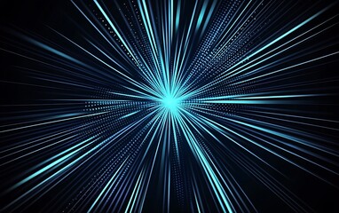 Abstract blue light beams radiating outward from a central point on a black background.