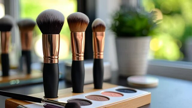 Exploring makeup tools and colors with brushes and a palette on a sunny day at home