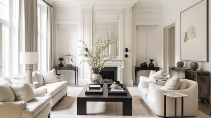 An elegant and refined living room design featuring a white canvas backdrop, Thoughtfully curated minimalist furnishings, Classic contemporary style