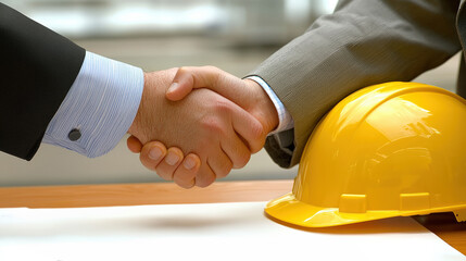  Business Handshake Agreement with Construction Helmet