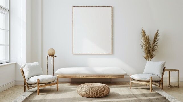 An elegant and refined living room setup featuring a white canvas backdrop, Sparse yet tastefully arranged minimalist furnishings, Classic minimalist style