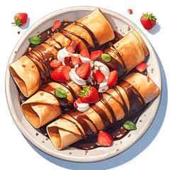 illustration of a dish of crepes with chocolate jam and strawberry