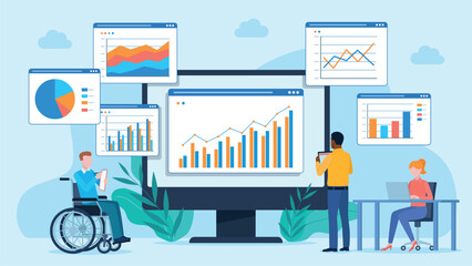 Vector graphic of three people analyzing various charts and graphs on a monitor. One person is in a wheelchair, another stands with a tablet, and the third sits at a desk with a laptop.