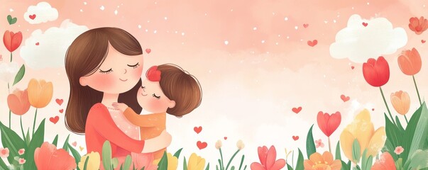 flat illustration. mother hugging little daughter. ai generated