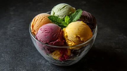Colorful ice cream scoops garnished with fresh mint in glass bowl