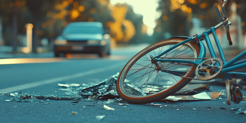 A broken bicycle in the background of a blurred car. Bicycle and car accident or crash on asphalt road.