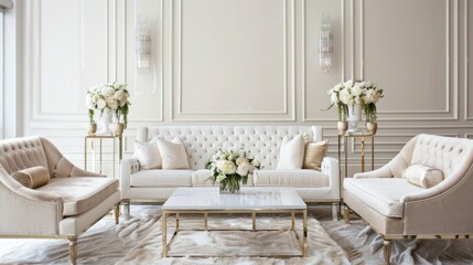 An elegant and refined lounge design boasting a white canvas backdrop, Accentuated with plush seating and metallic accents, Luxe contemporary style