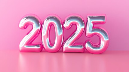 Shiny pink 2025 balloons celebrating new year on pink background